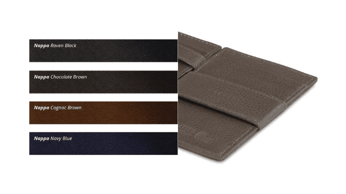 Nappa Leather Nappa leather sample names and an image with the Nappa Magic Wallet